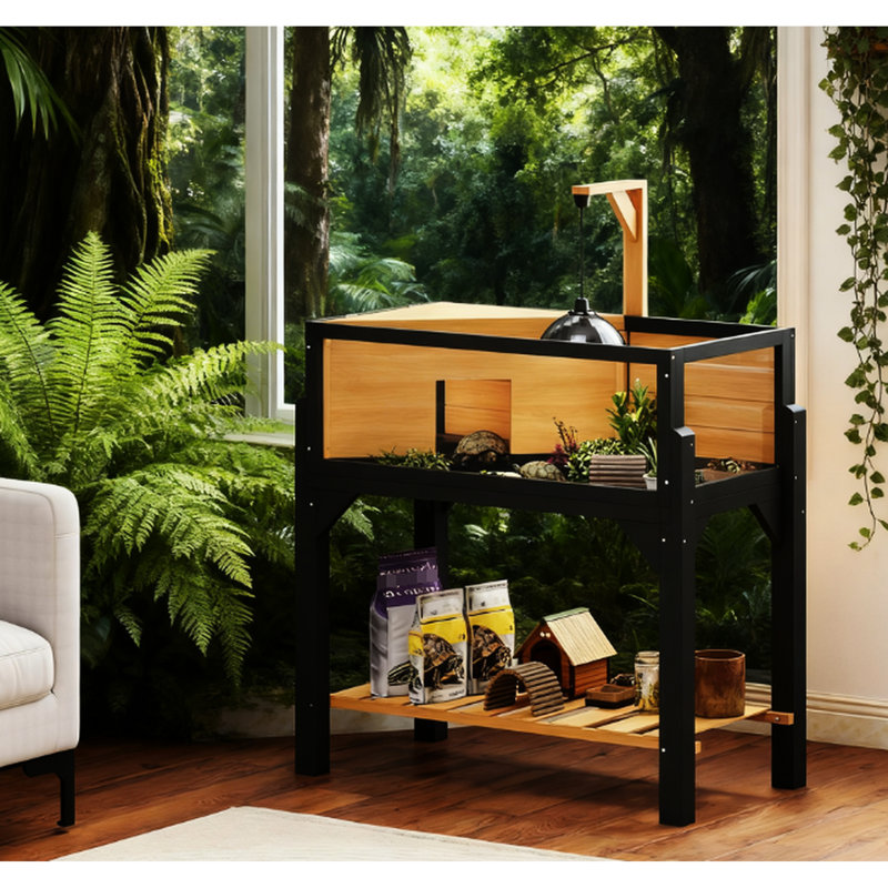 Enceinte de tortue en bois jaune avec tablette de rangement, fenêtres latérales en acrylique transparent pour la vue, dessus ouvrable et porte-lampe - rangement organisé, intérieur visible, fenêtres de vie confortables,