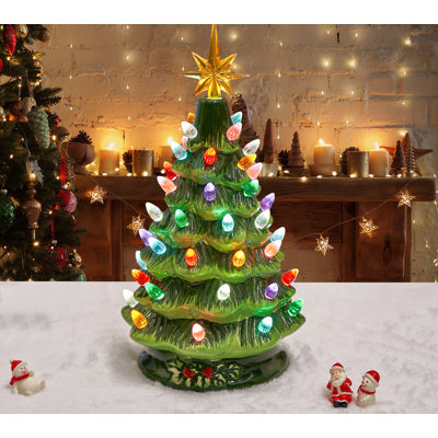 Arbre de Noël 12 po en céramique avec feuille de fleurs, lumières de Noël multicolores illuminées, décor de Noël