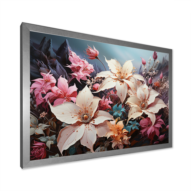 Aquarelle, charme de poinsettias roses I, Cadre simple argenté, H 16 po x l 32 po x P 1 po