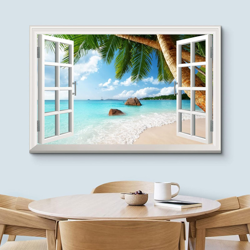 Fenêtre, paysage, plage, sur l'île de Praslin, Seychelles, impression sur toile tendue, H 16 po x l 24 po