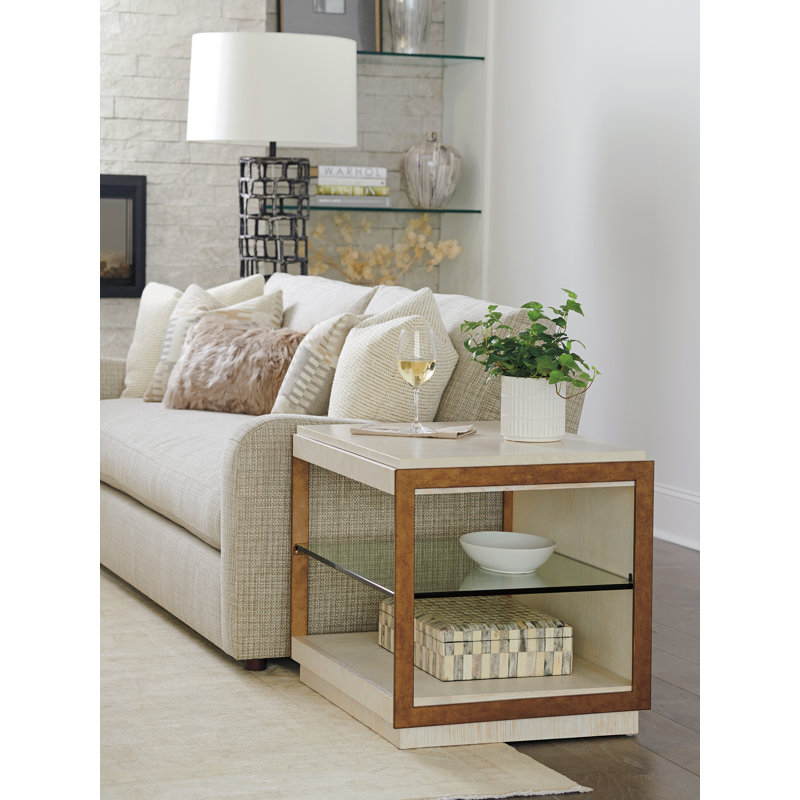 Cream and Wood Rectangular End Table with Glass Shelf