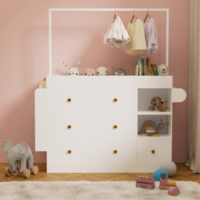 Modern  Table Dresser, Dressing Table with 3 extra deep Drawers and Storage Shelves and Hangers, Multi-Functional  Changing Table with Drying Rack , White