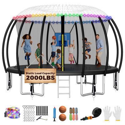 Fiziti 16ft Backyard Trampoline With Safety Enclosure, Basketball Hoop, Sprinkler, Lights