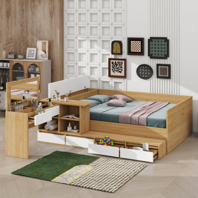 Lit plateforme double en bois avec six tiroirs, des tablettes et une coiffeuse