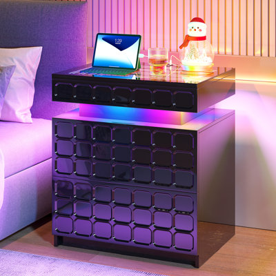 50cm W Bedside Table with 3D Mirror Abyss and Sensor RGB Lighting, 2-Drawer Bedside Table with Hidden Storage And Lockable
