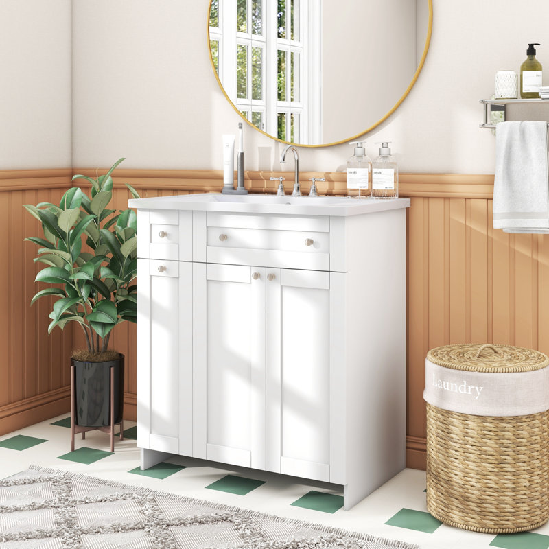 Meuble-lavabo bleu avec lavabo en céramique, Blanc