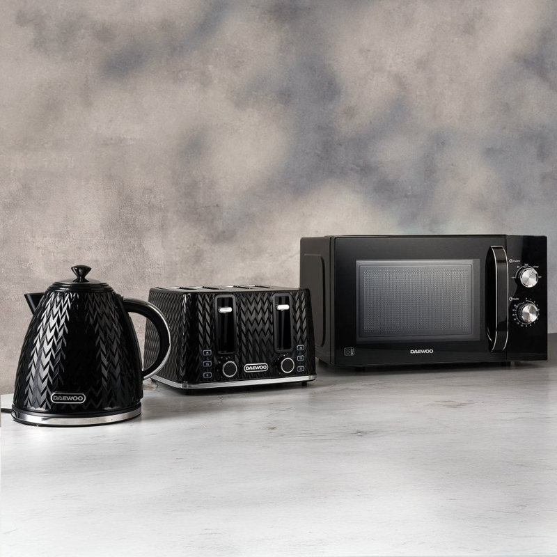 Daewoo Argyle Black Matching Kettle, 4-Slice Toaster & 23L Microwave Set