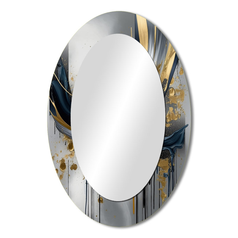 Shapes And Lines Abstract Marble V - Gold Modern Oval Wall Mirror, 36" x 24"