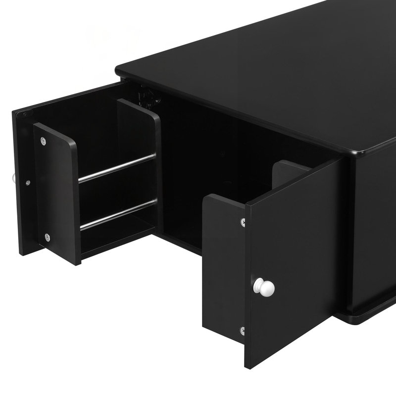Modern Rectangle Coffee Table with Four Drawers, Two Side Hidden Storage Compartments, and Sturdy Solid Wood Legs for Versatile Use