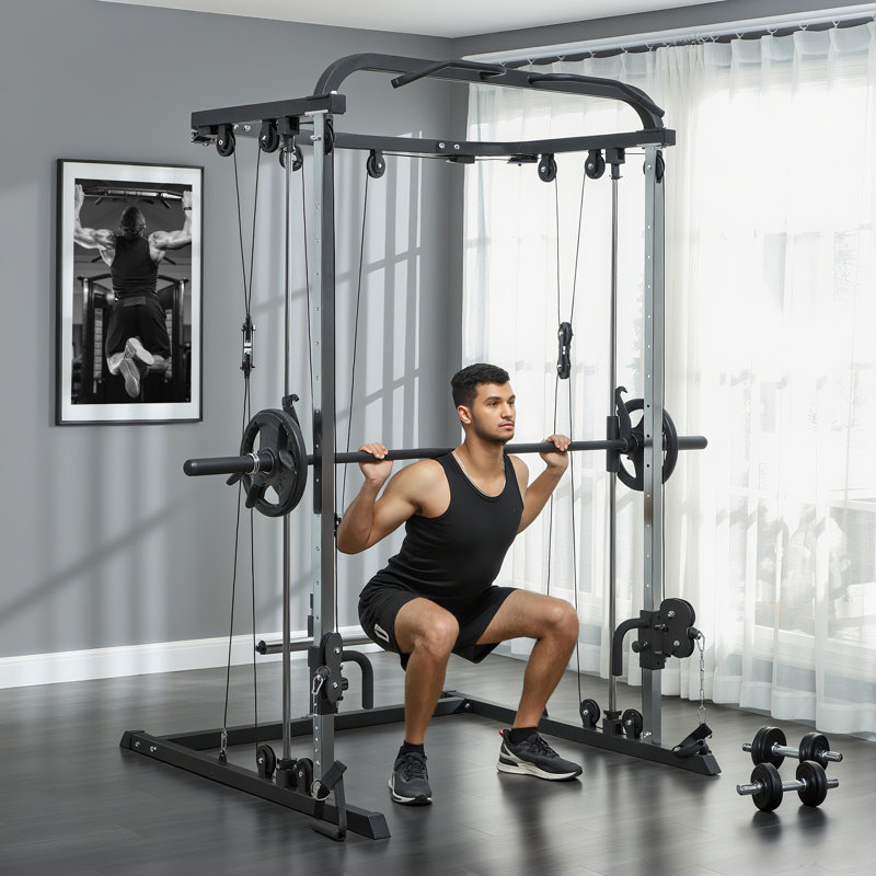 Machine Smith avec système de croisement de câbles et support à squat