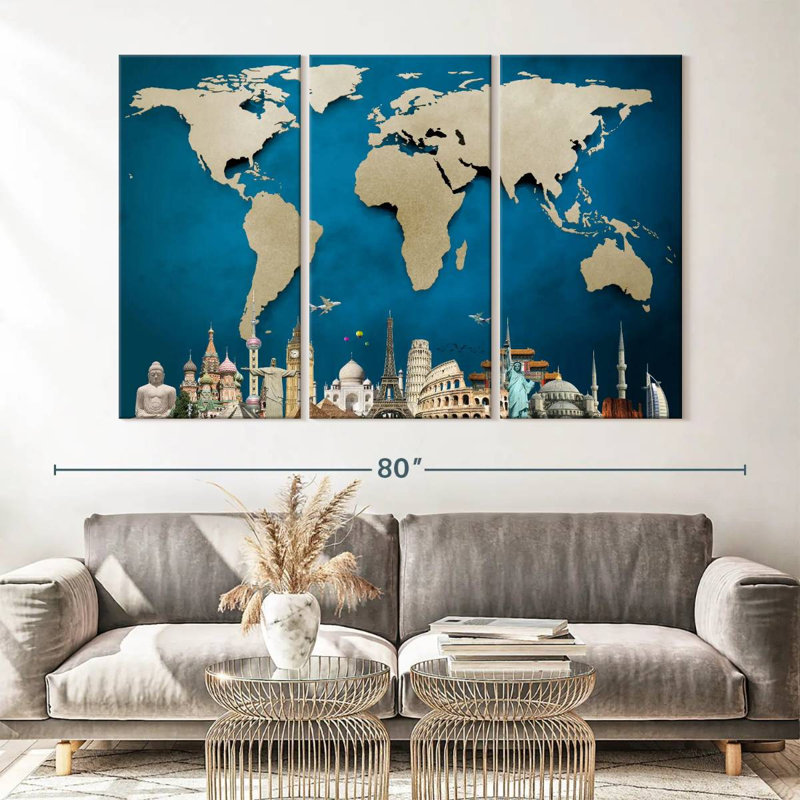 Carte du monde océan bleu 3 pièces, H 42 po x l 65 po x P 1,25 po