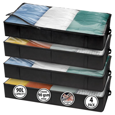 Under Bed Storage Containers, Closet Organizer, Black, 4 Pack,Under Bed Storage, Foldable Fabric, Large Capacity, Dustproof, Clothes Storage, Blanket Storage, Toy Organizer, Space Saving