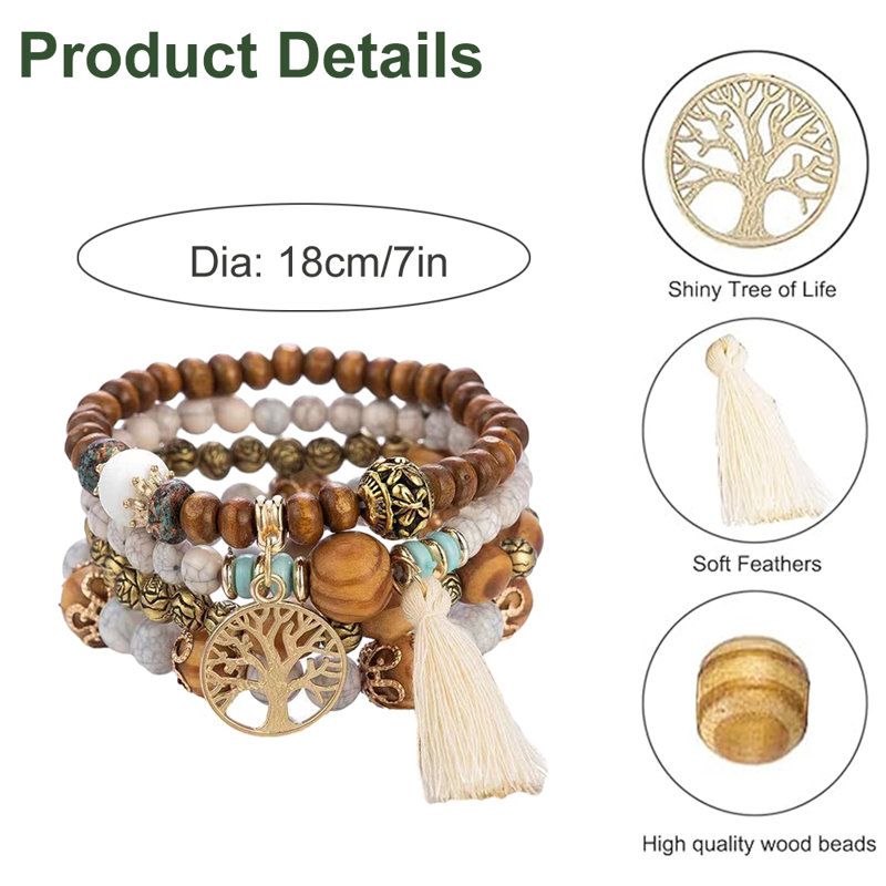 4 In1 Handmade Tree & Tassel Charms Beads Multilayer Bracelet Vintage Wrap Bracelet For Women Female, White