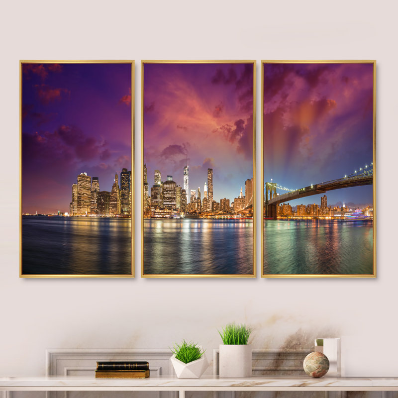 New York Manhattan, ensemble de 3 toiles d'art encadrées sur toile, H 28 po x l 36 po x P 1 po, Encadrement doré