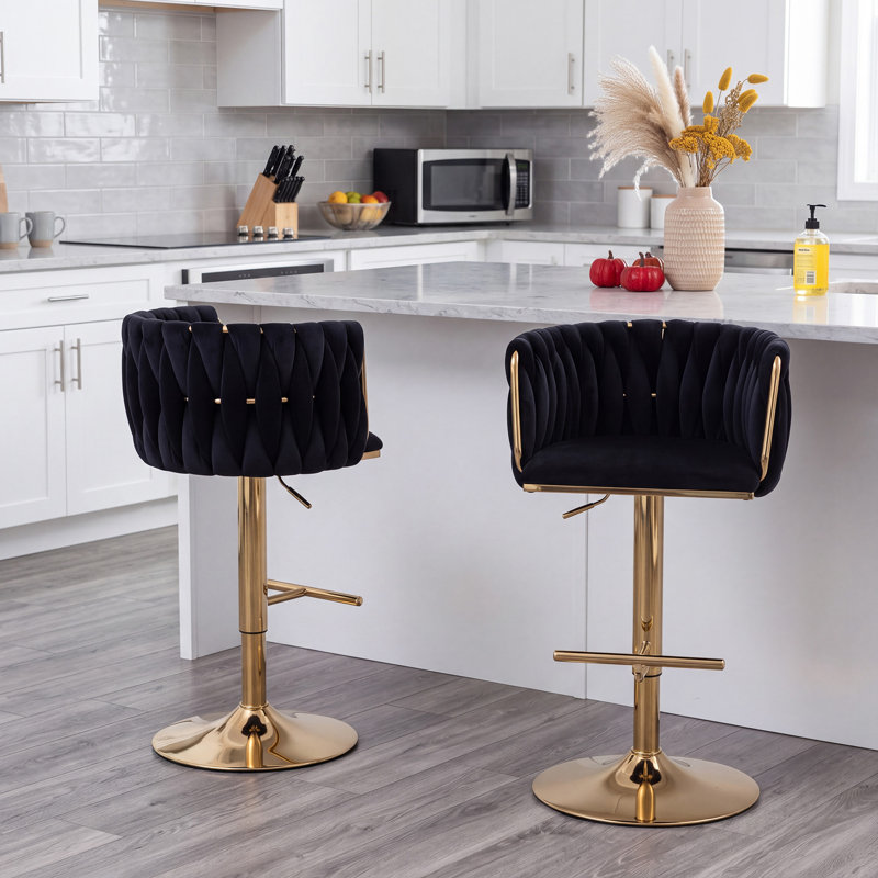 Swivel Adjustable Height Velvet Bar Stool, Black, 2