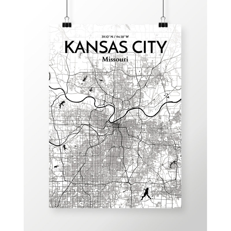 «Kansas City Map», reproduction d'impression sur affiche à l'encre / blanc, H 17 po x l 11 po x P 0,05 po