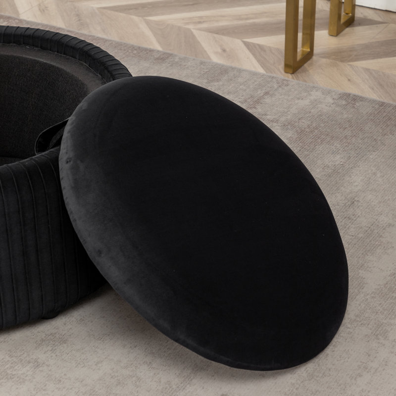 Savinien Upholstered Round Storage Ottoman, Black Velvet 