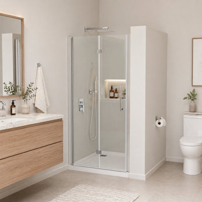 32'' W x 72'' H Bi-Fold Shower Door, Frameless Glass with Brushed Nickel Hinges, Reversible Installation for Compact Spaces