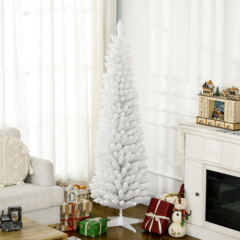 Arbre de Noël artificiel enneigé 6 pi, arbre de Noël mince avec branches réalistes et base en plastique, H 5 pi 9 po, Blanc
