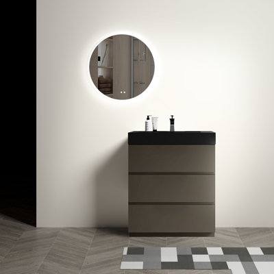 30" Bathroom Vanity - Modern Grey Silent Operation, Big Storage, Black Sink Basin With Large Storage & No Handle Design