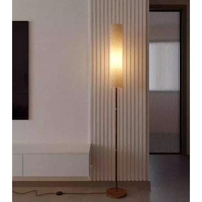 Tall Cylinder Fabric Shade Wood Floor Light Fixture