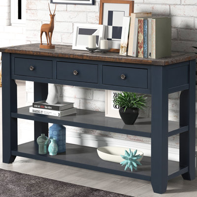 Console bleue de 48 po, bois de pin massif, 3 tiroirs et 2 tablettes, fonctionnelle pour bureau à domicile, salon