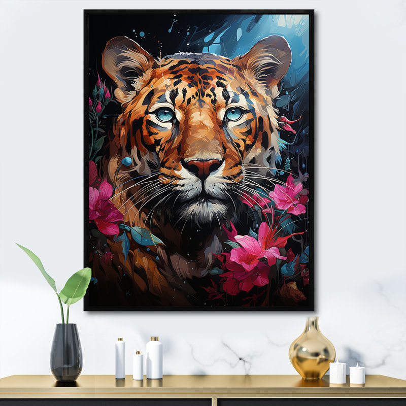 Portrait pop art d'un jaguar, H 40 po x l 30 po x P 1,5 po, Cadre flottant noir