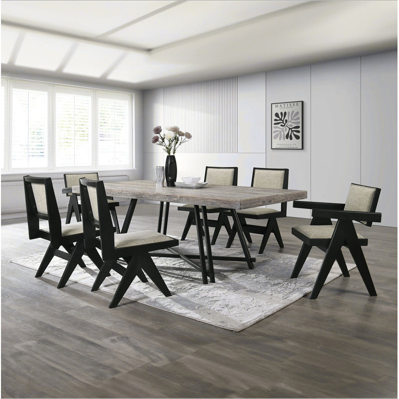 Ensemble de salle à manger contemporain 7 pièces noir en bois d'hévéa avec 2 fauteuils et 4 chaises