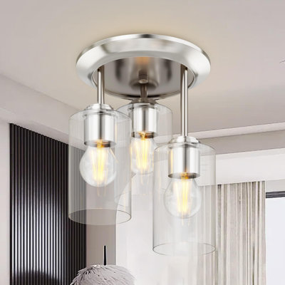 Plafonnier semi-encastré 3 lumières, luminaires de maison de campagne, décor de plafonnier pour cuisine, vestibule, entrée, nickel brossé avec abat-jour en verre transparent