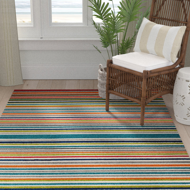 Tapis intérieur / extérieur turquoise rayé Iredell, Rectangle 5 pi x 7 pi 3 po