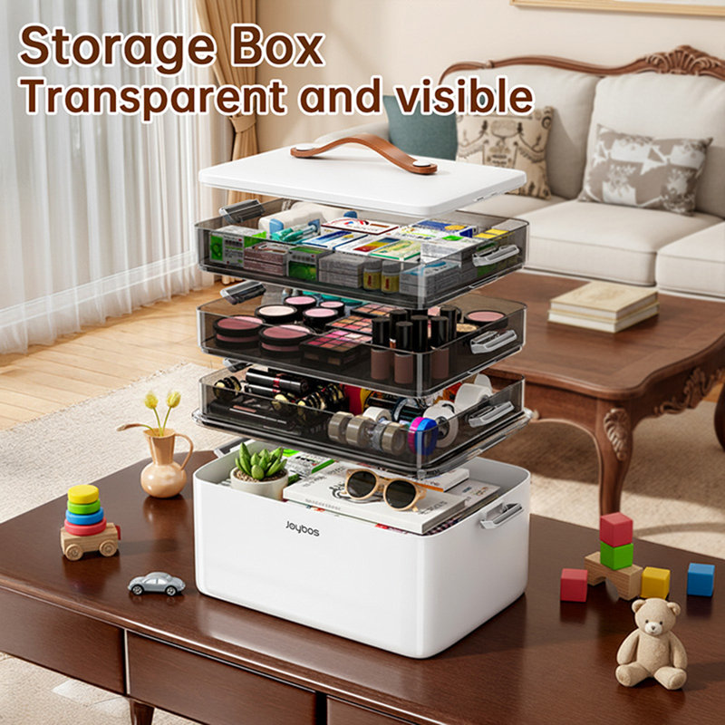 JOYBOS 4-Tier Storage Bin, Multi-Functional Organizer With Leather Handles – Portable Home Storage For Toys, Stationery Plastic Desk Organizer