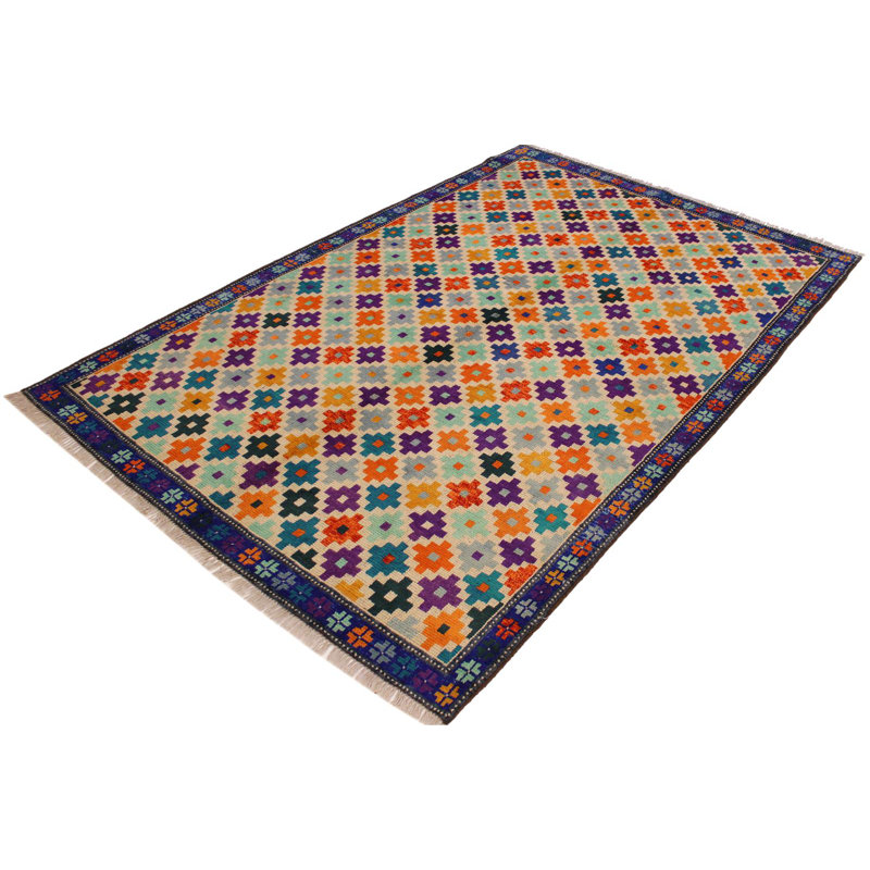 Tapis géométrique beige / rouge / bleu en laine noué à la main à motif géométrique 5 pi 10 po x 7 pi 10 po Laudalino