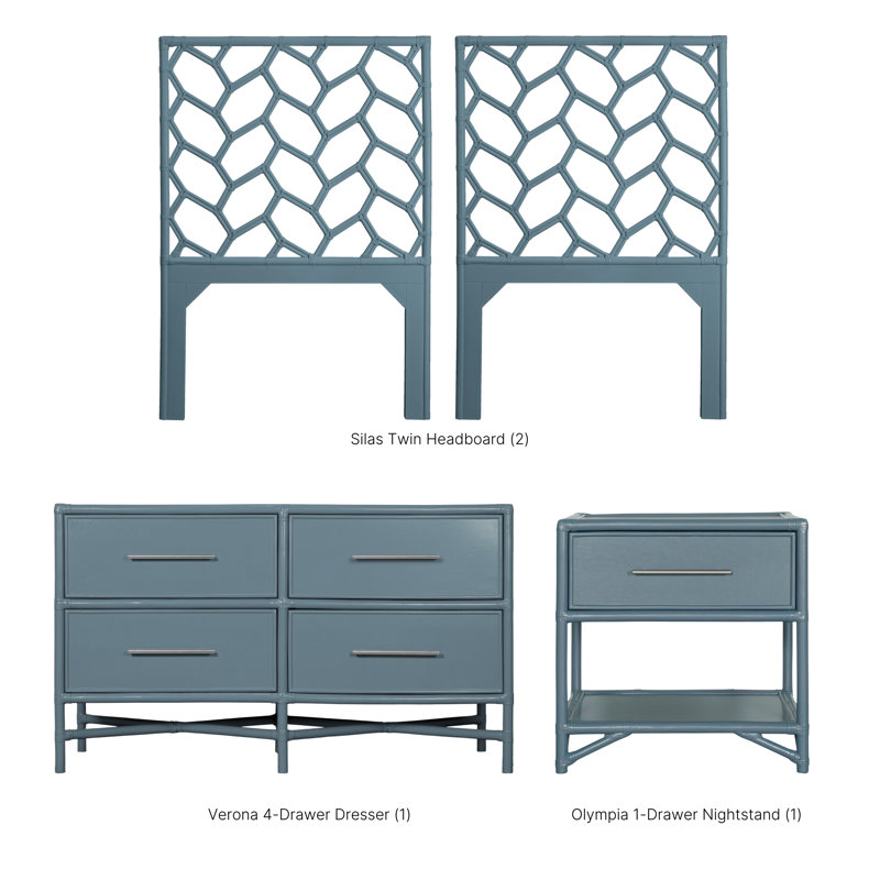 Silas Bedroom Set, Regatta Blue, 4 Pcs: Dresser, Headboard, 2 Nightstands, Twin