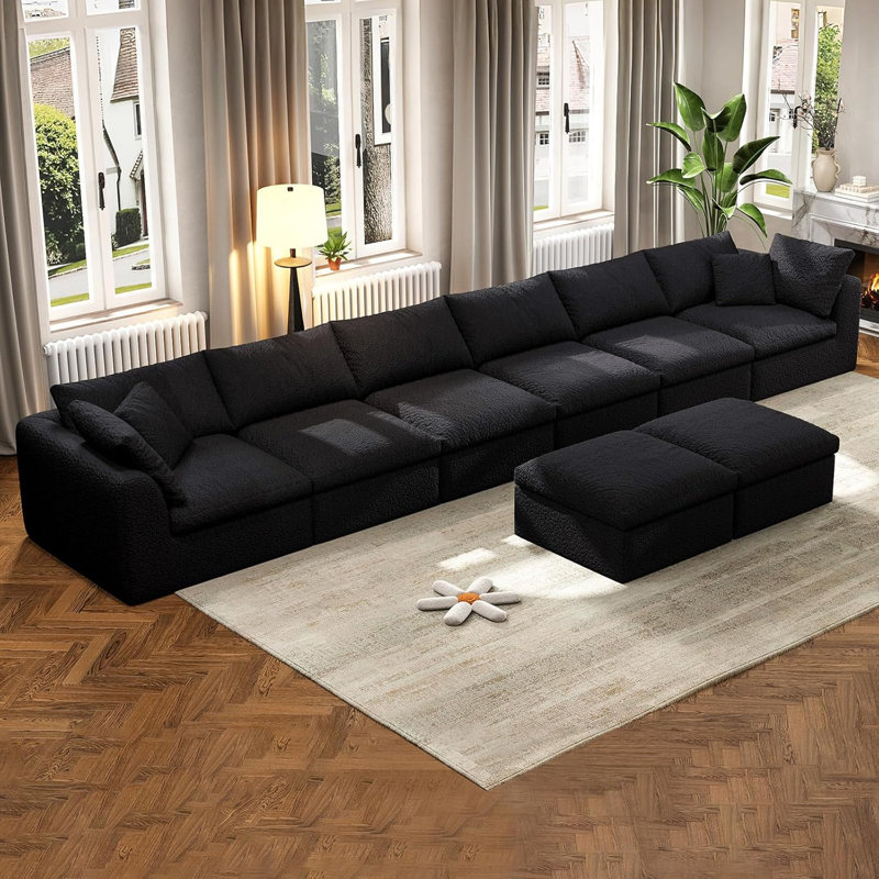 Canapé modulaire à compression modulaire, canapé modulaire Cloud avec assise profonde, canapé rembourré sans os pour la chambre à coucher du salon (noir, 6 places + 2 repose-pieds)