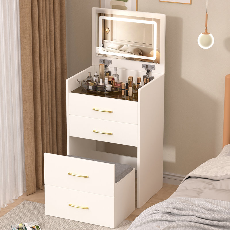 Bureau de coiffeuse 3 en 1 avec miroir à plateau ouvert et bureau en verre