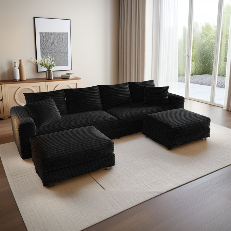 Canapé modulaire 103 po avec conversion de méridienne et 2 coussins décoratifs 103 po, Velours côtelé noir
