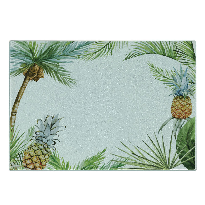Ambesonne Tropical Tempered Glass Cutting Board Frame Style Palm Trees Multicolor