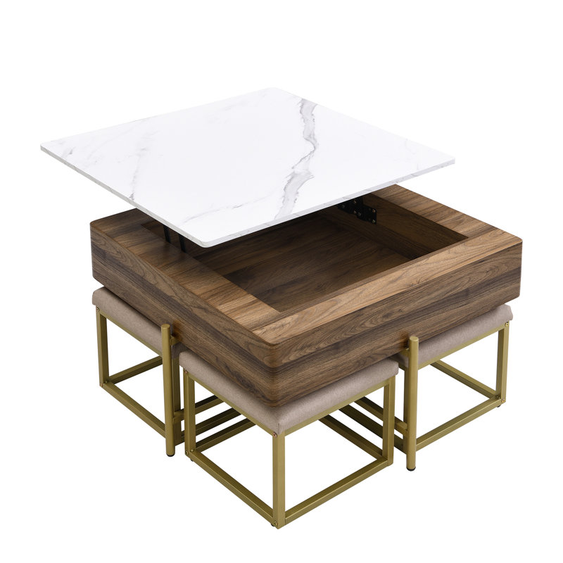 Ensemble de tables basses à plateau relevable moderne avec rangement et 4 repose-pieds blanc et noyer
