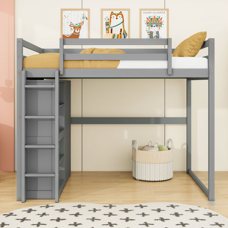 Full Wood Loft Bed With Built-In Ladder, Storage Shelves, Wardrobe And LED Light, Gray