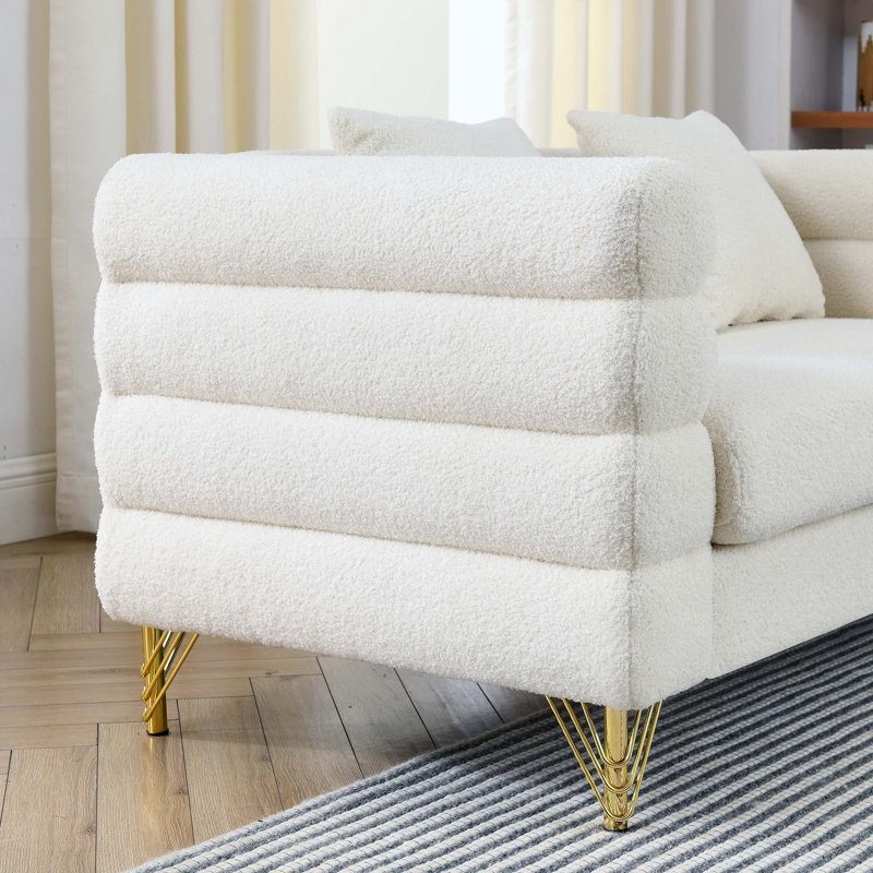 Oversized 2-Seater Sectional Sofa With Deep Seating And 2 Pillows, Ivory Teddy