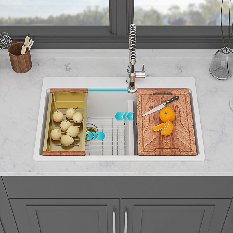 Évier de cuisine à double cuve en quartz avec conception de poste de travail intelligent et technologie de réduction du bruit