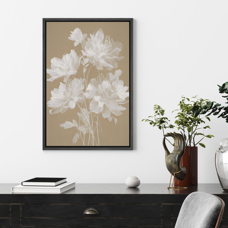 Impression sur toile botanique blanche pivoine blanche - décor floral neutre pour le couloir ou la chambre à coucher, Noir