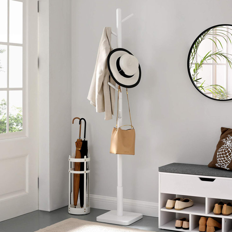 Brahn Solid Wood Freestanding 8 - Hook Coat Rack, White