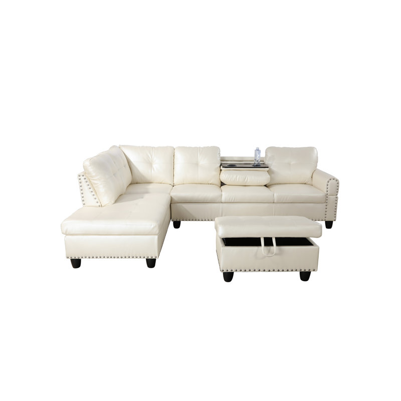 Faux Leather L-Shaped Sectional Left Hand Facing, Off White