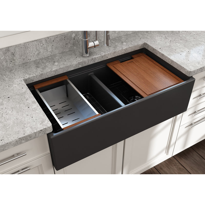 Contempo 36'' L Double Bowl Fireclay Kitchen Sink, Dark Gray