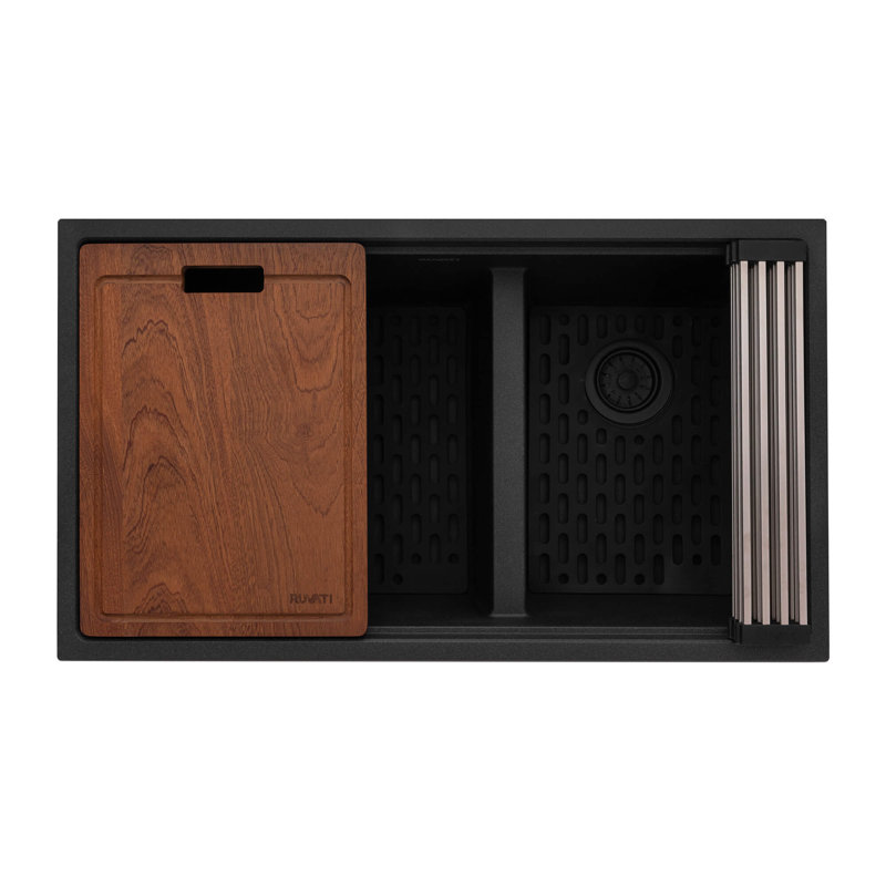 Évier de cuisine à double cuve encastrable 33 po Ruvati, Noir anthracite