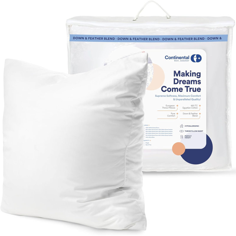 Square White Throw European Pillow Insert - 100% Cotton Cover, 10% Down 90% Feather Fill, Multiple Sizes, 22" x 22"