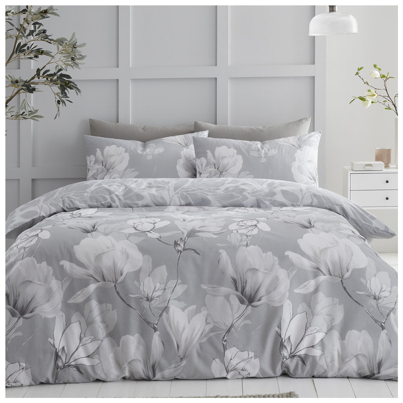 Floral Bedding Set - Polycotton Lightweight Duvet Cover with Matching Pillowcases - Single Double King, Grey, King