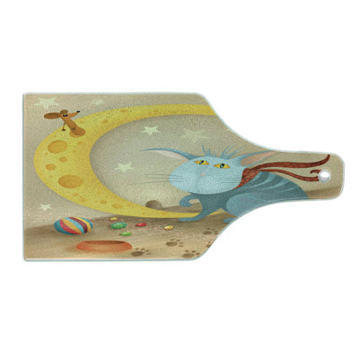 Ambesonne Funny Tempered Glass Cutting Board Cat Mouse Crescent Moon Multicolor