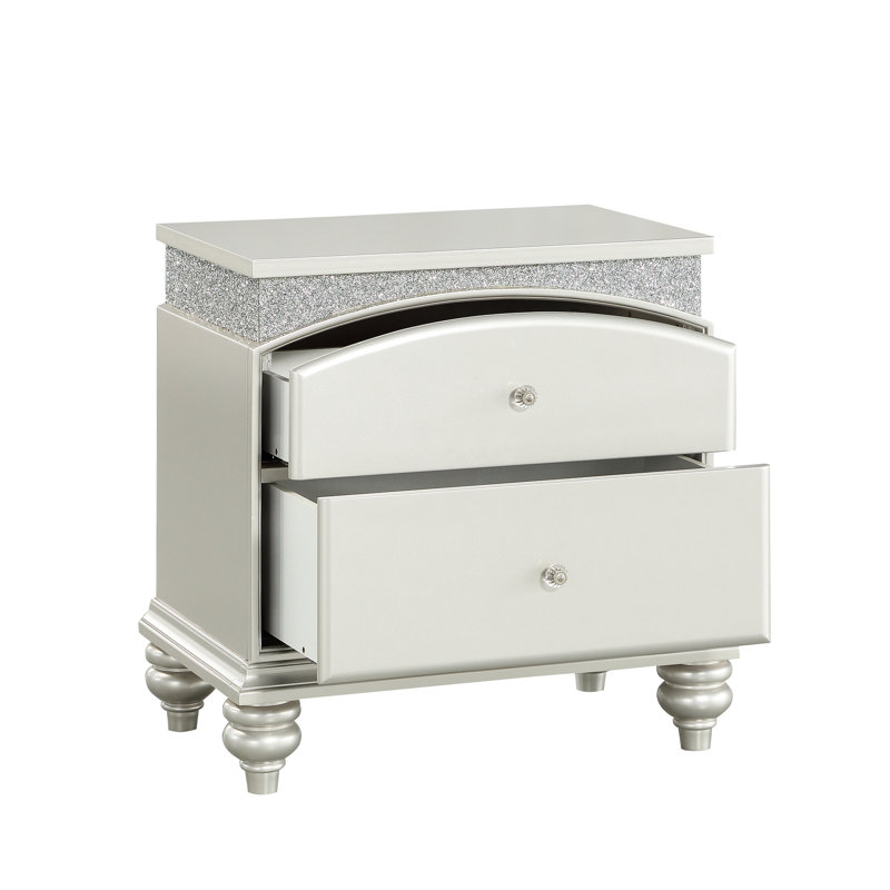 Élégante table de chevet argentée avec deux grands tiroirs - Platine scintillante, lumineuse et spacieuse